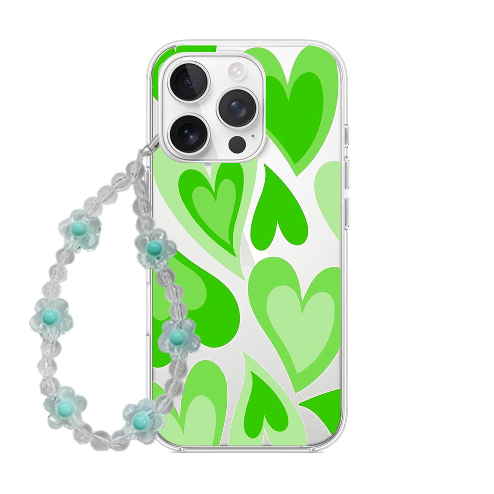 Clear phone case featuring retro layered hearts in vibrant neon green tones, with a matching mint beaded flower wrist charm.